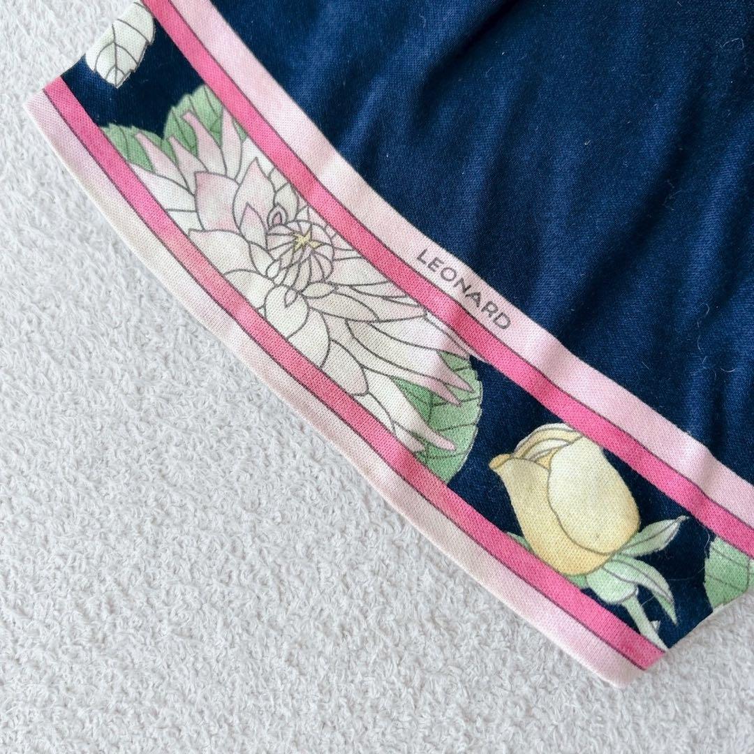 レオナール　ロングワンピース　ベルト　花柄　トリム 黒　ピンク　XL相当