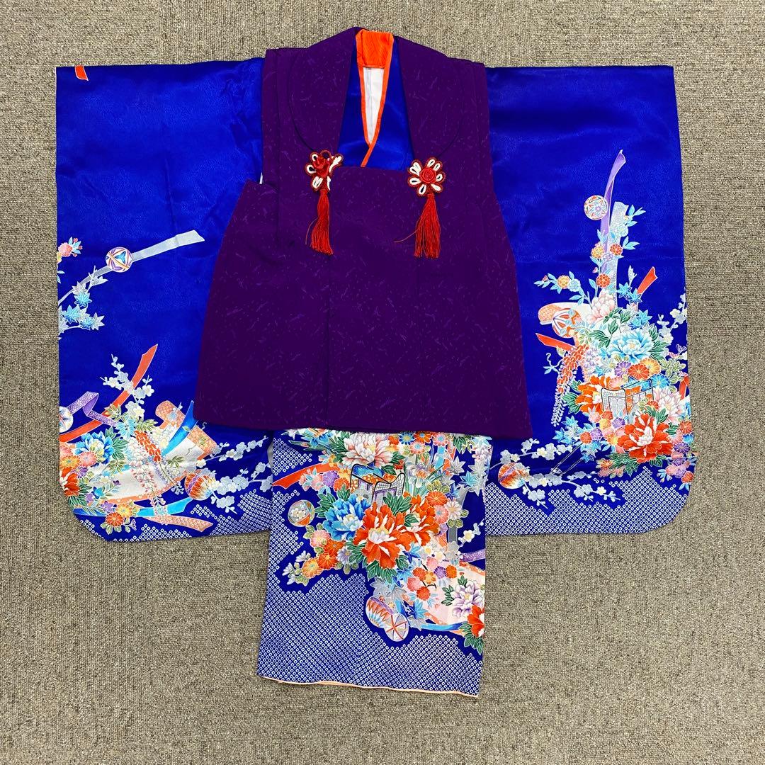 603agu1□七五三 三歳 女の子 着物＆被布 御所車に花□状態良好