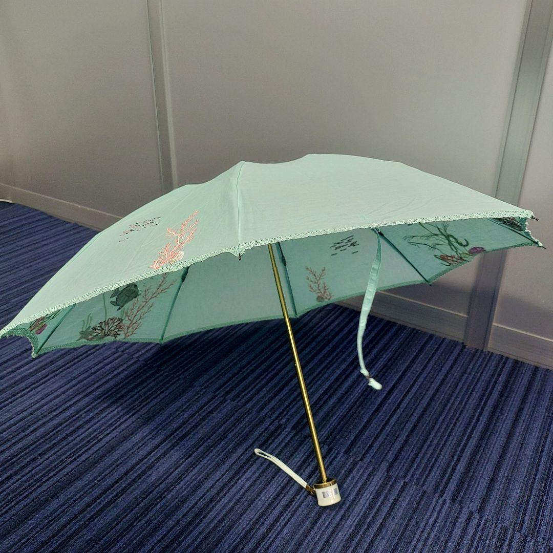 ルルギネス 折りたたみ 刺繍 日傘 エメラルドグリーン