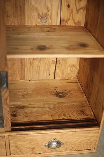 古い小ぶりな木枠のガラス戸棚　引き出し2杯　食器棚　水屋　キャビネット　古家具