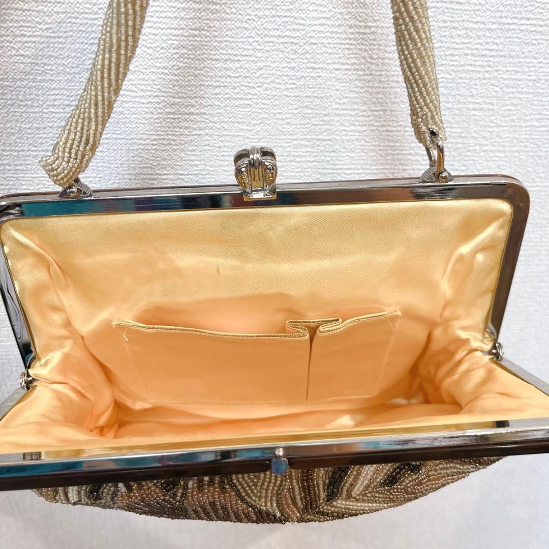 【美品】花柄 総ビーズ刺繍 べっ甲フレーム がま口 ハンドバッグ パーティ