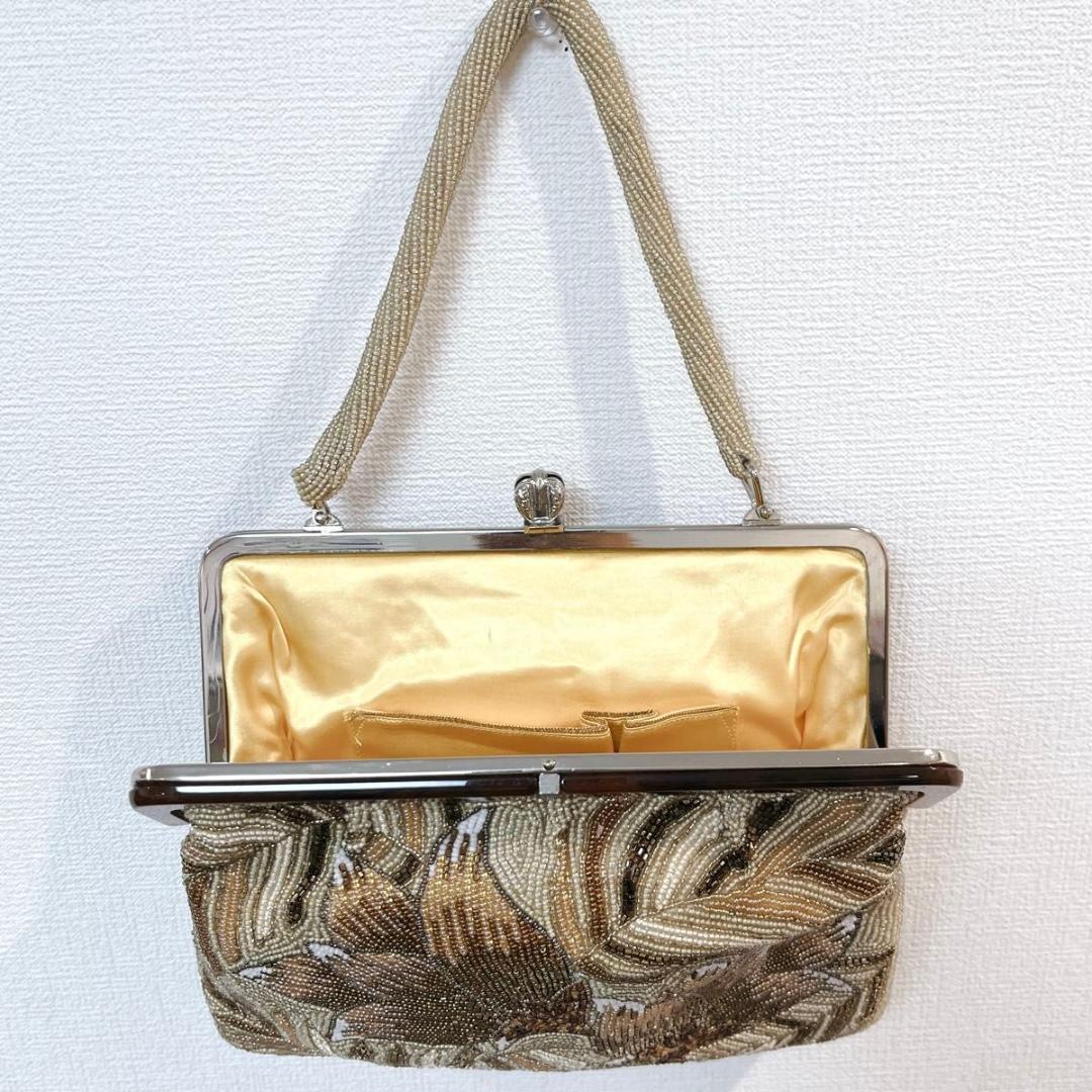 【美品】花柄 総ビーズ刺繍 べっ甲フレーム がま口 ハンドバッグ パーティ