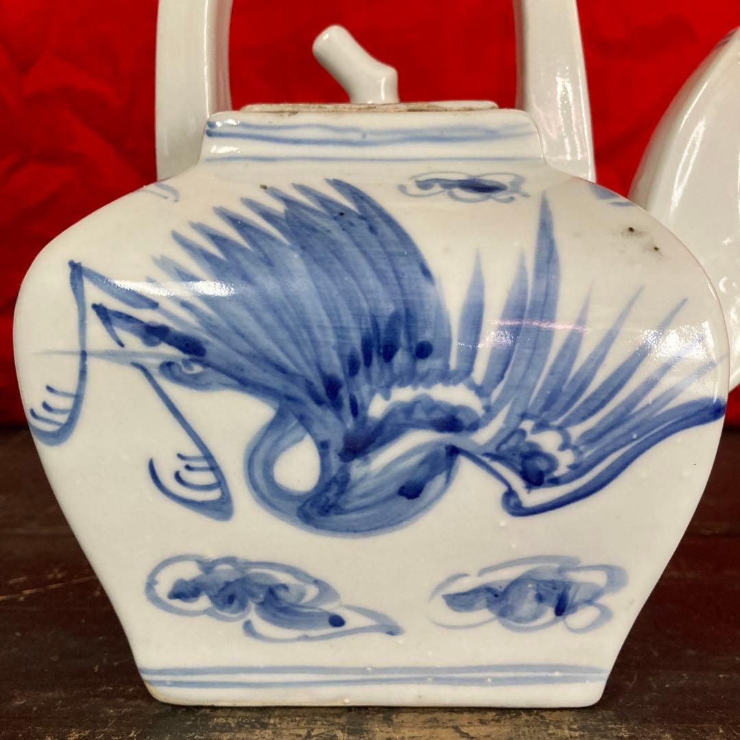 李朝　染付　四方面取水注　急須　雲鶴図