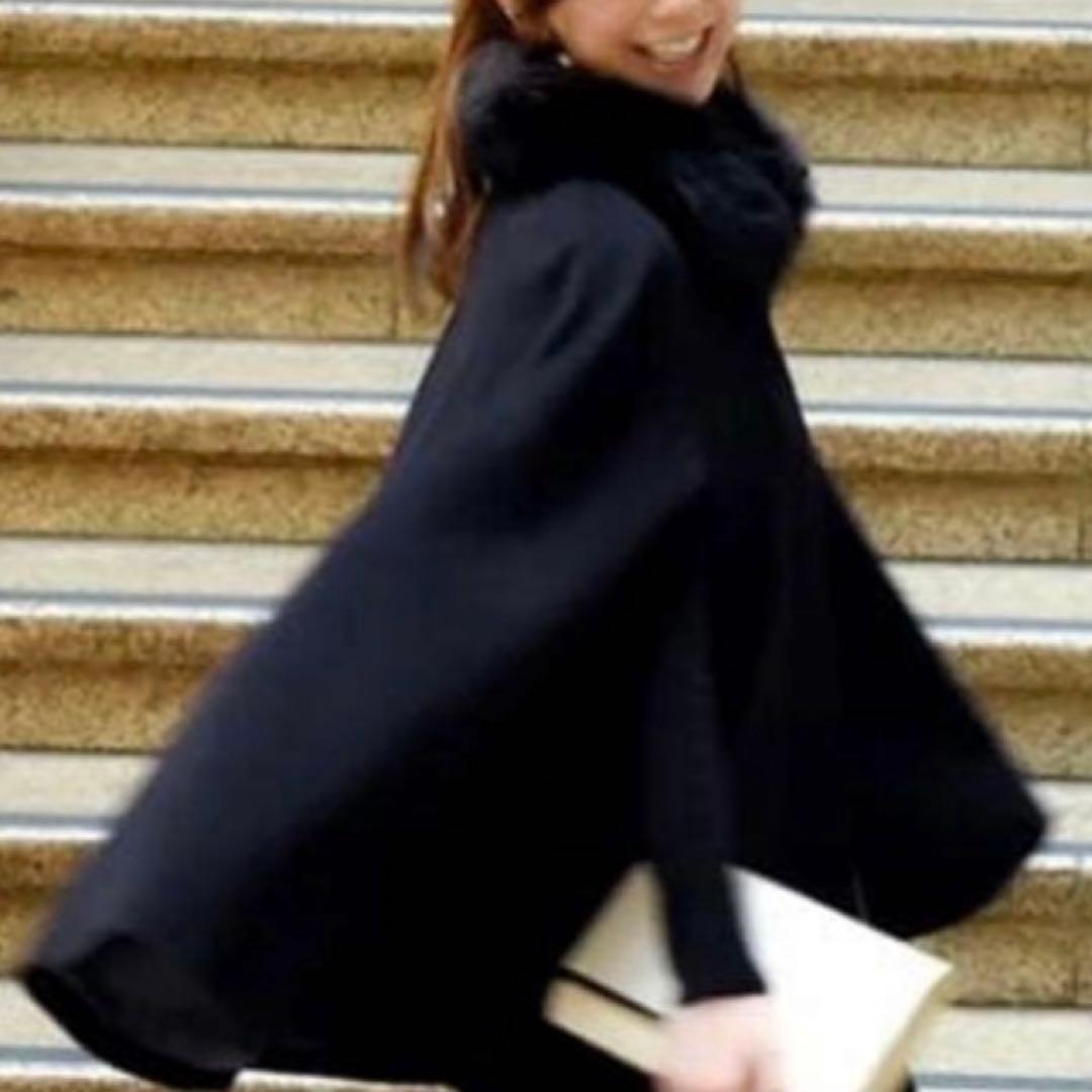 【美品】RUIRUE BOUTIQUE フォックスファー付ウールケープ 黒