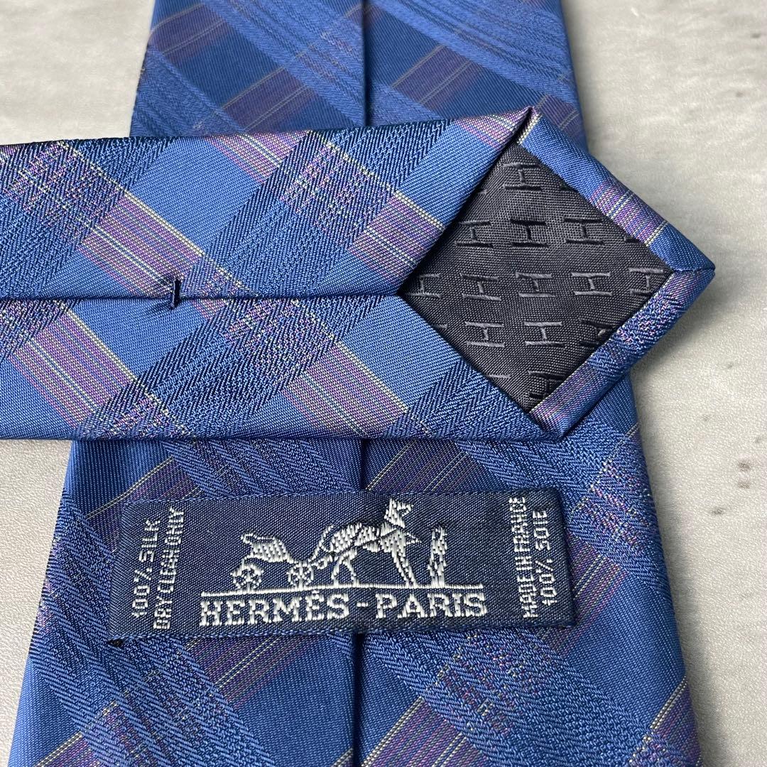 美品 HERMES エルメス ジャガード チェック柄 格子柄 ネクタイ ネイビー