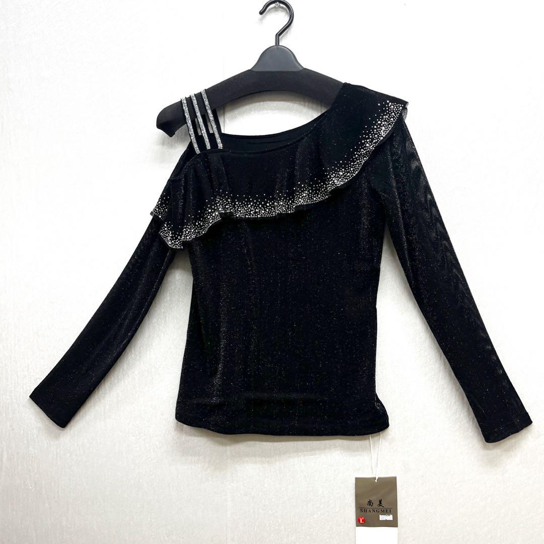 新品 社交ダンス トップス パワーネット ブラックラメ サイズ L