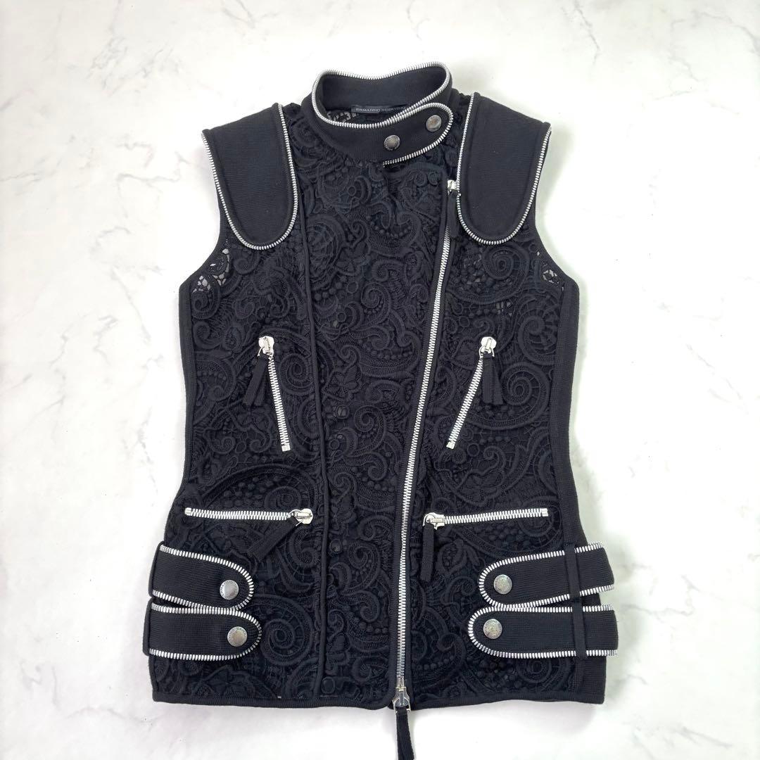 エルマンノシェルビーノ 総レース ジップアップ ベスト 38 黒 イタリア製