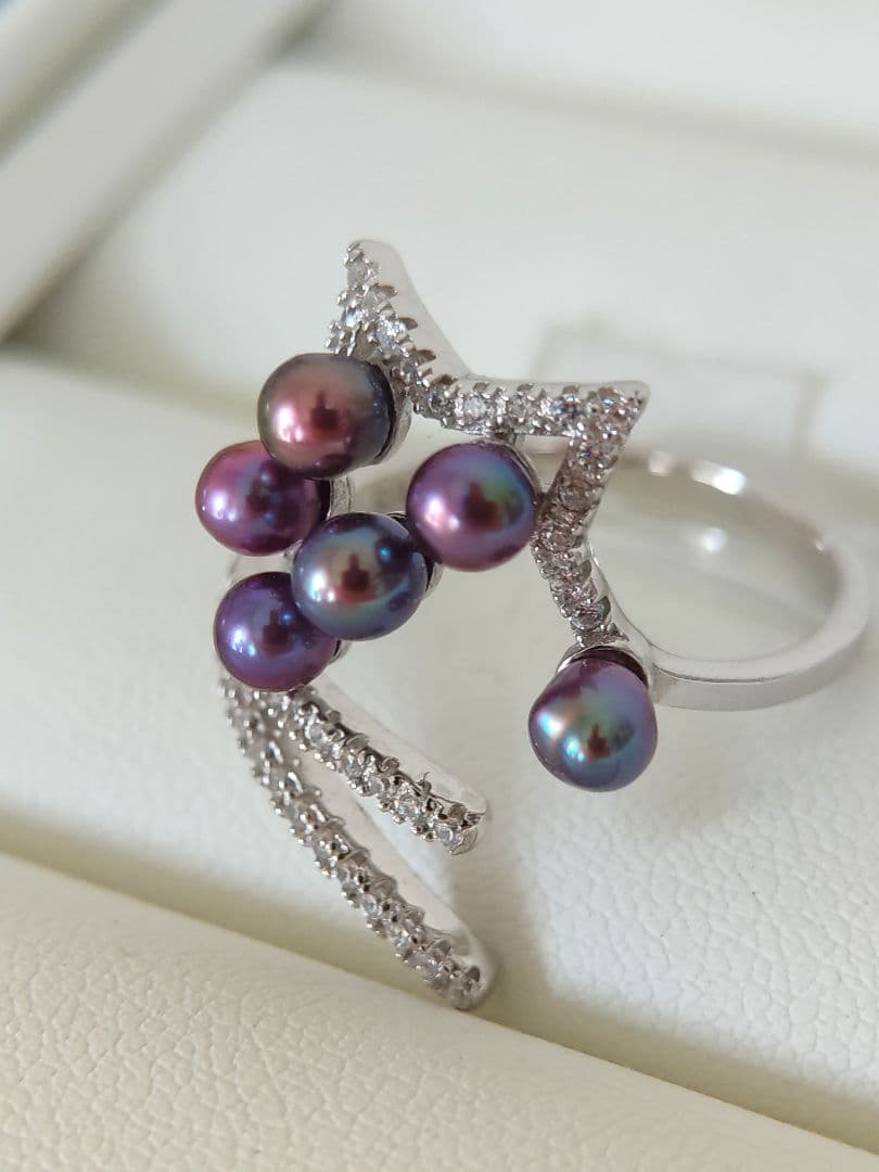 本真珠　淡水極上無核ベビーパール　ナチュラルパープル　S925リング　箱付き新品