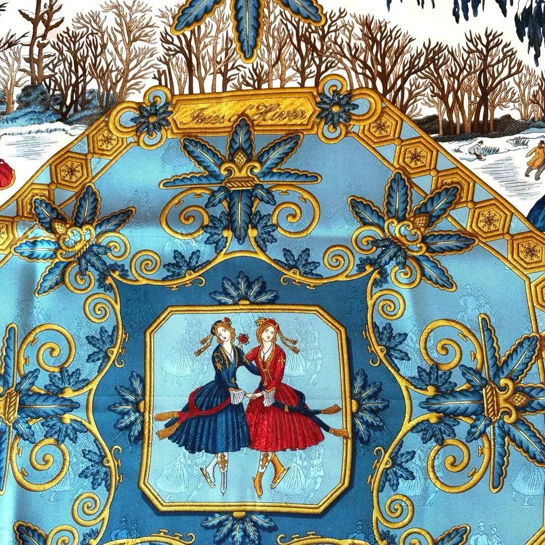 希少 美品 エルメス シルクスカーフ カレ90 冬の愉しみ ブルー HERMES