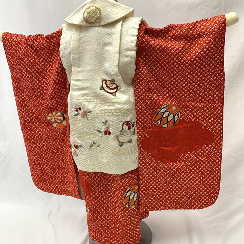 603ag15□七五三 三歳 女児 着物&被布 総絞り 刺繍 毬□状態良好