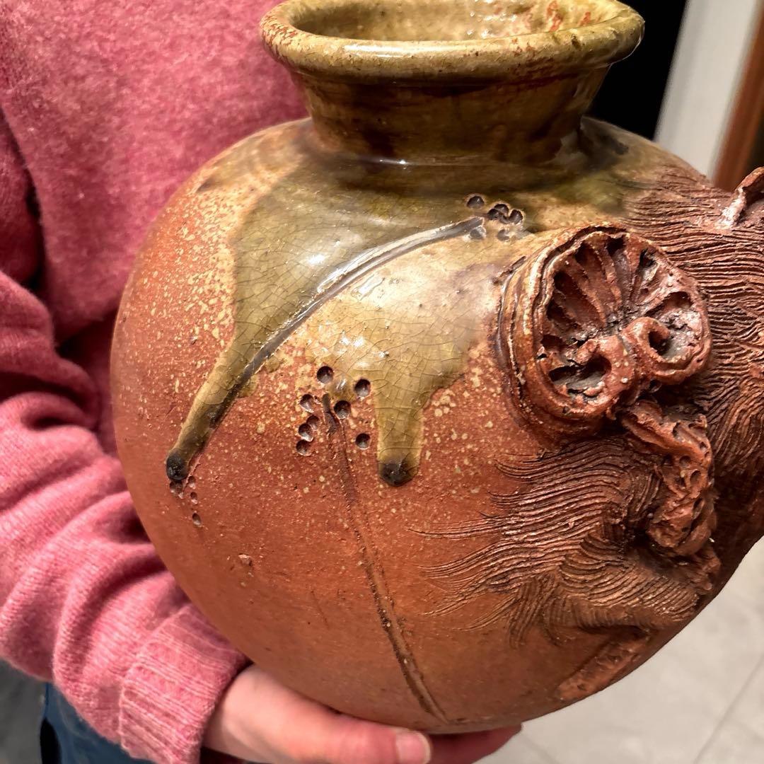 【希少】ヴィンテージ信楽焼 圧倒的な存在感の狸 変形花瓶　創作花器縁起