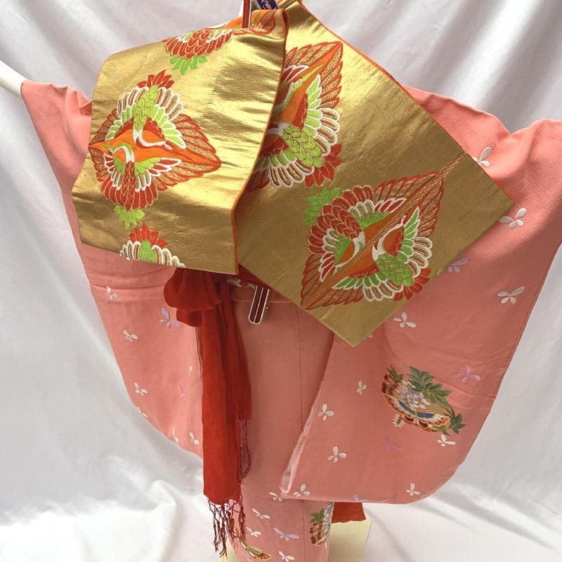 603ag10■七五三 七歳 女児 着物&袋帯&長襦袢 刺繍 蝶 ピンク■美品