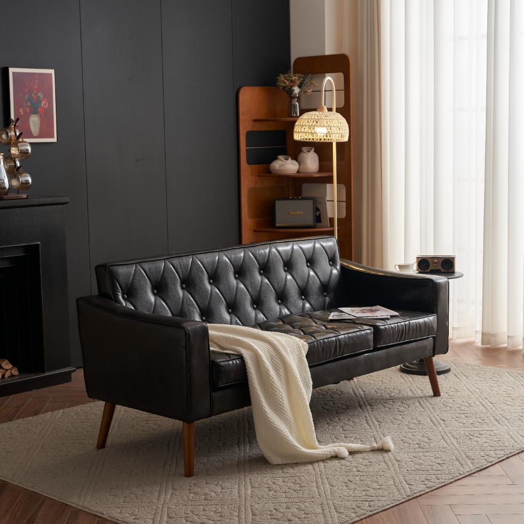 【数量限定】ソファー 3人掛カウチソファリビングソファ 肘付オットマン ブラック