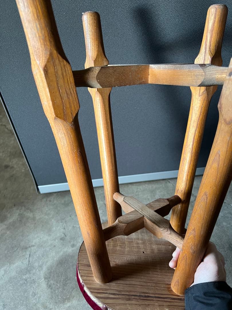 ベロア調　丸椅子　ヴィンテージ　アンティーク　スツール　木製　レトロ　古道具