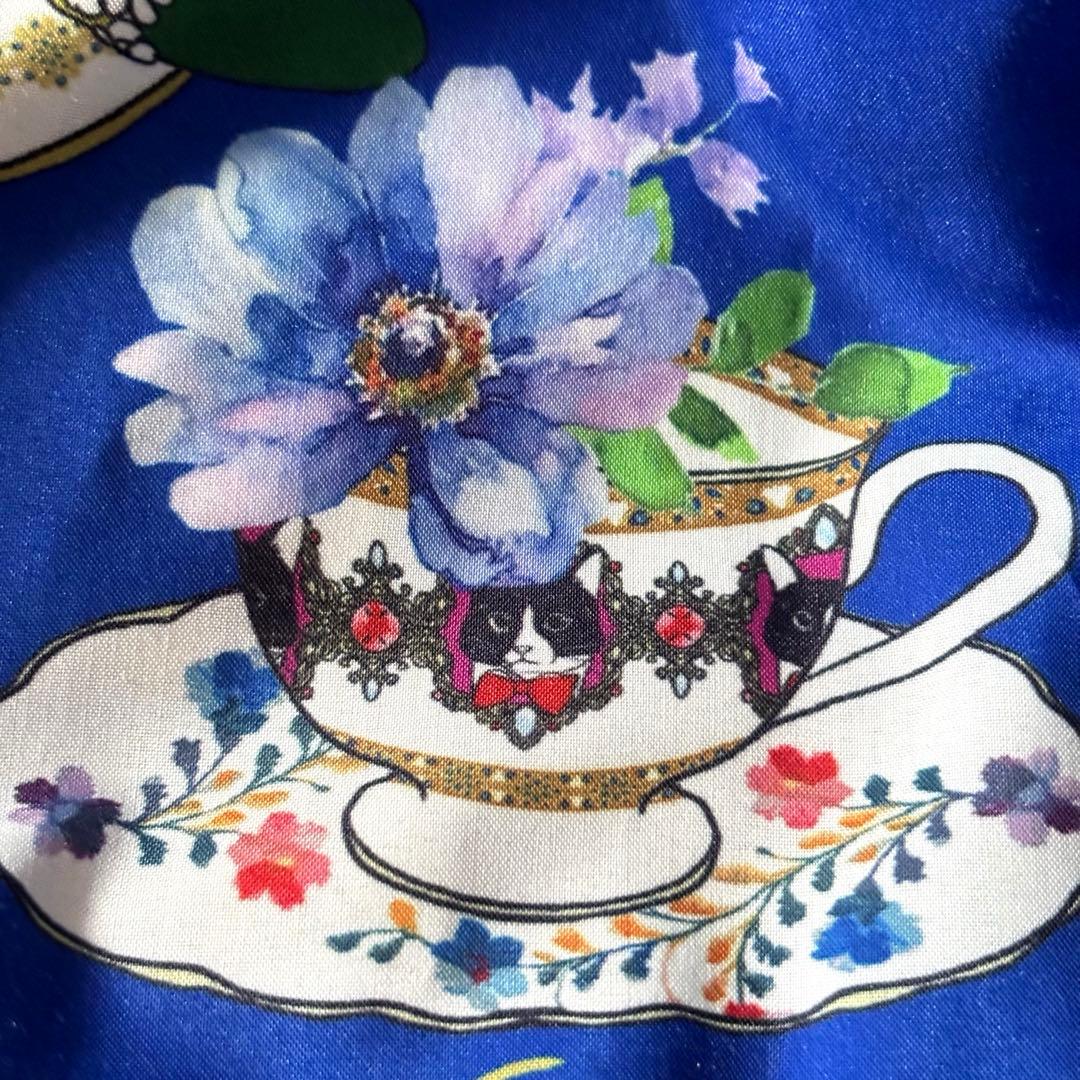 美品スカラーScoLarティーカップ柄 総柄前開きシャツロングワンピースブルー青