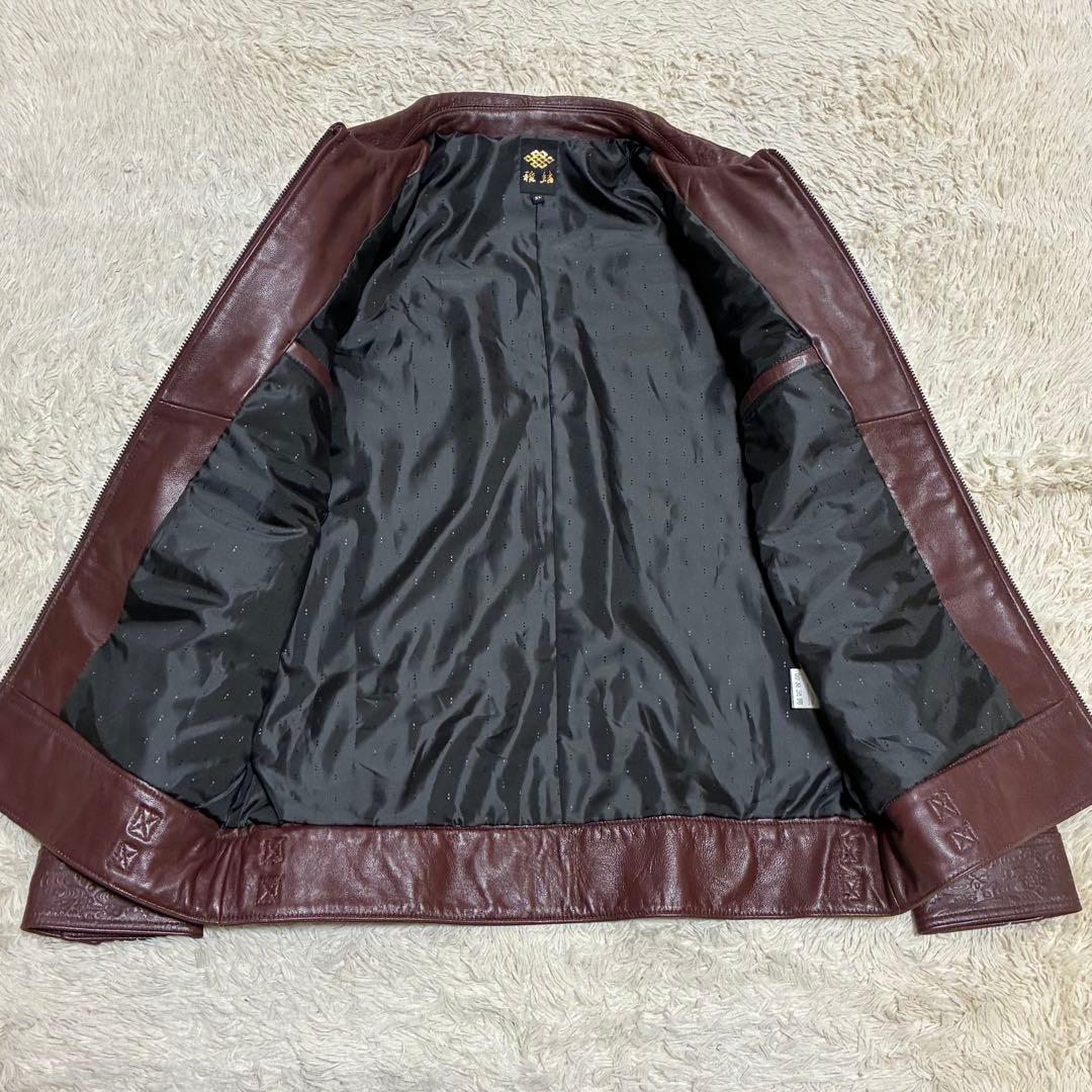 雅結 XL 本革 羊革 ラムレザー 和柄 型押し ブラウン 茶 レザージャケット