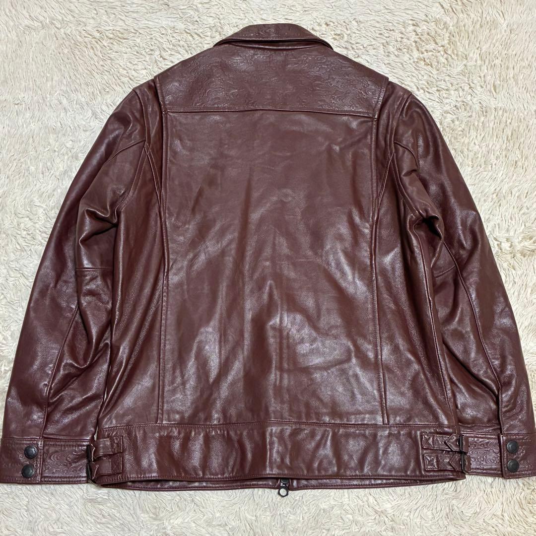 雅結 XL 本革 羊革 ラムレザー 和柄 型押し ブラウン 茶 レザージャケット