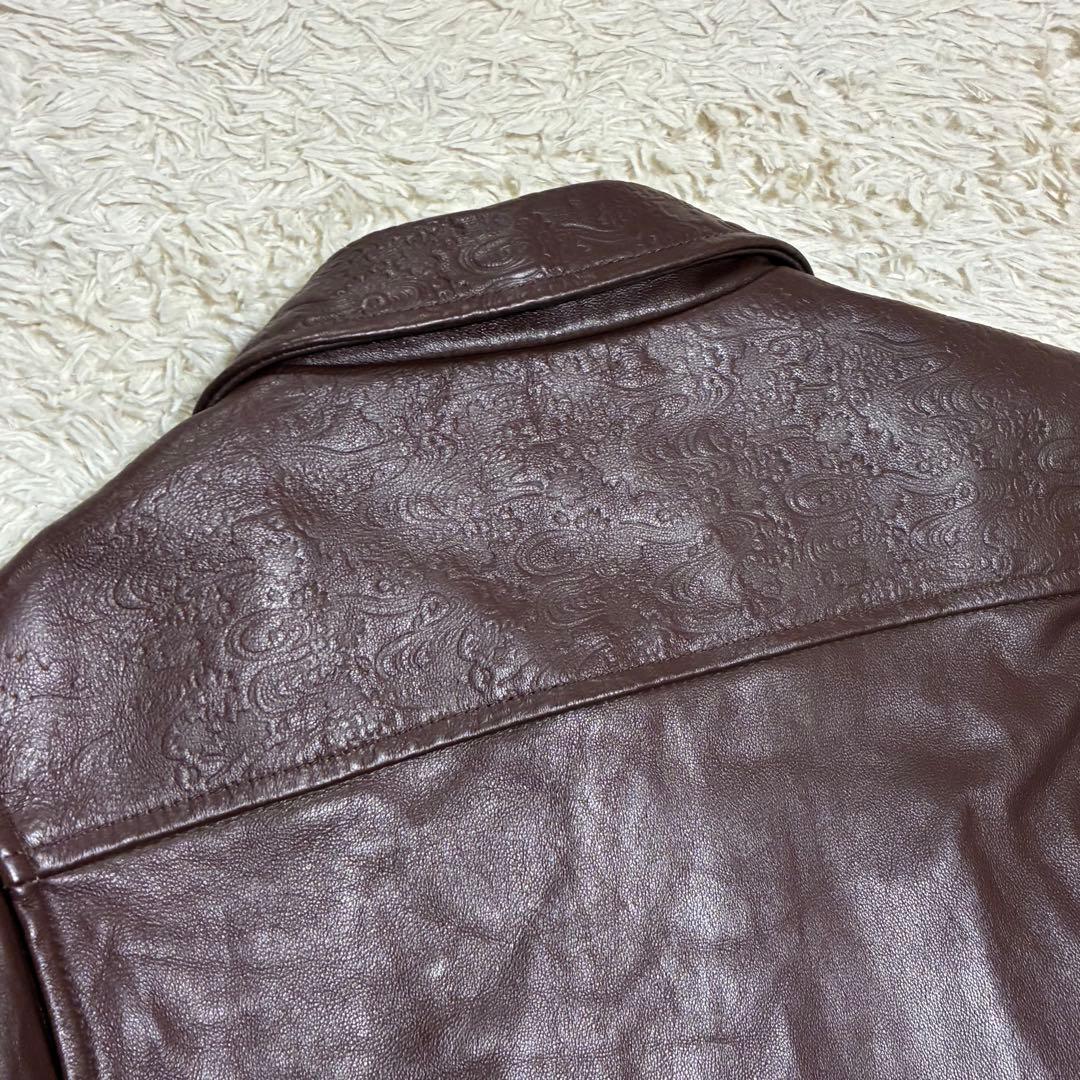 雅結 XL 本革 羊革 ラムレザー 和柄 型押し ブラウン 茶 レザージャケット