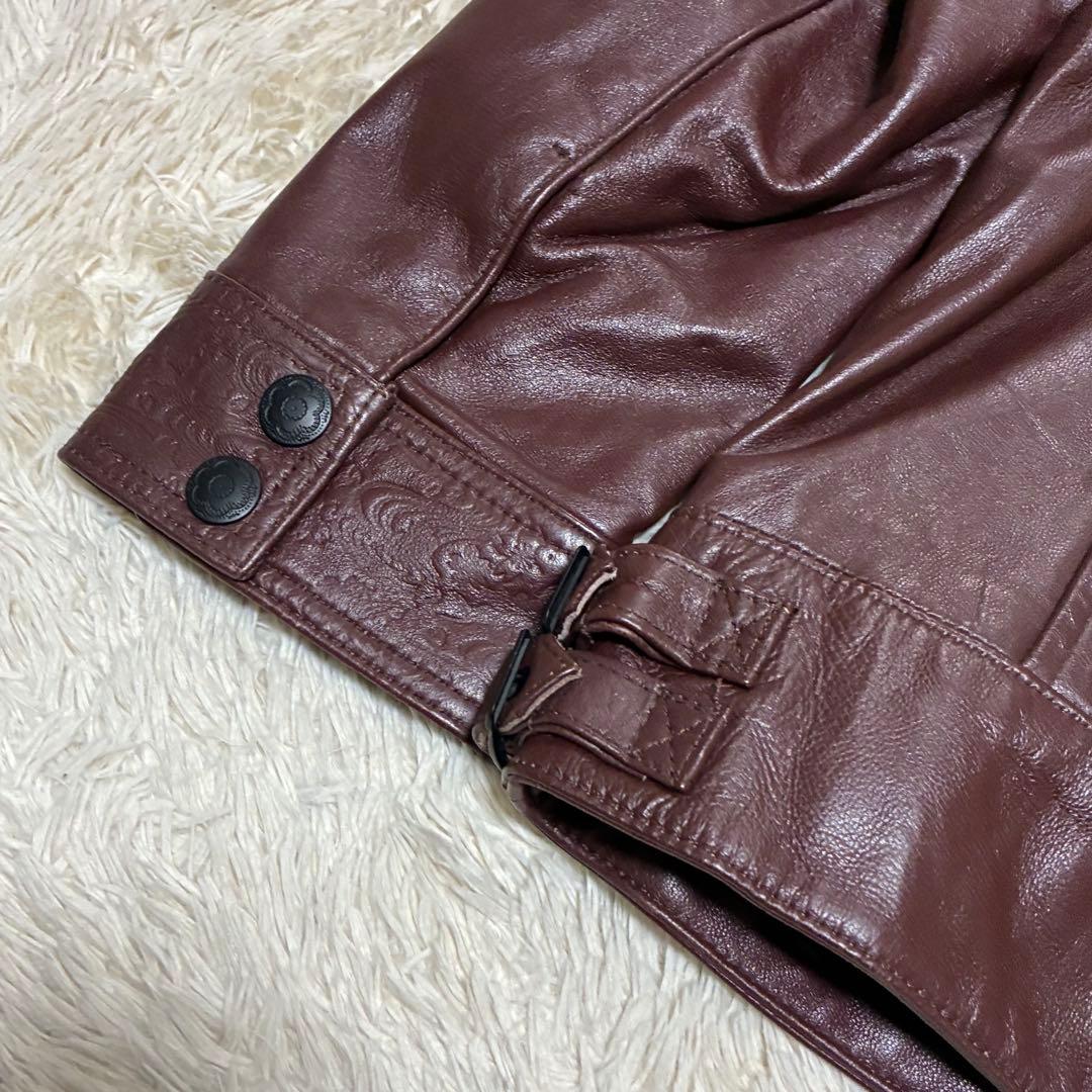 雅結 XL 本革 羊革 ラムレザー 和柄 型押し ブラウン 茶 レザージャケット