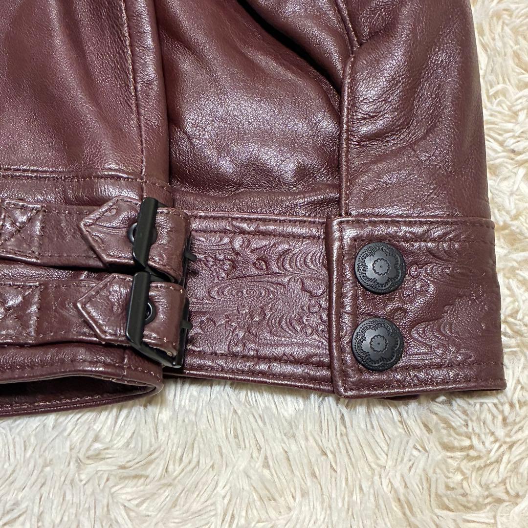 雅結 XL 本革 羊革 ラムレザー 和柄 型押し ブラウン 茶 レザージャケット