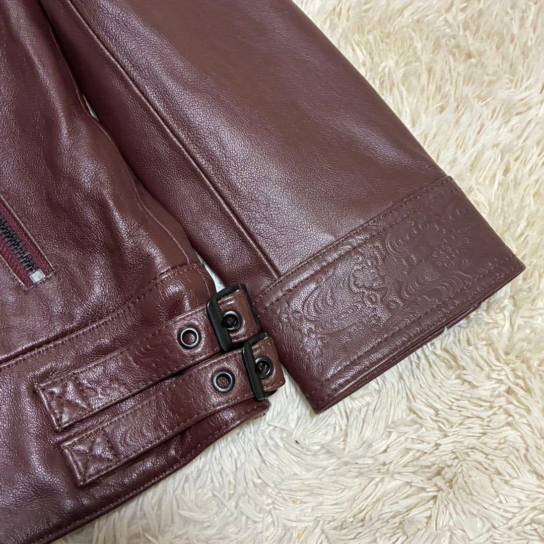 雅結 XL 本革 羊革 ラムレザー 和柄 型押し ブラウン 茶 レザージャケット