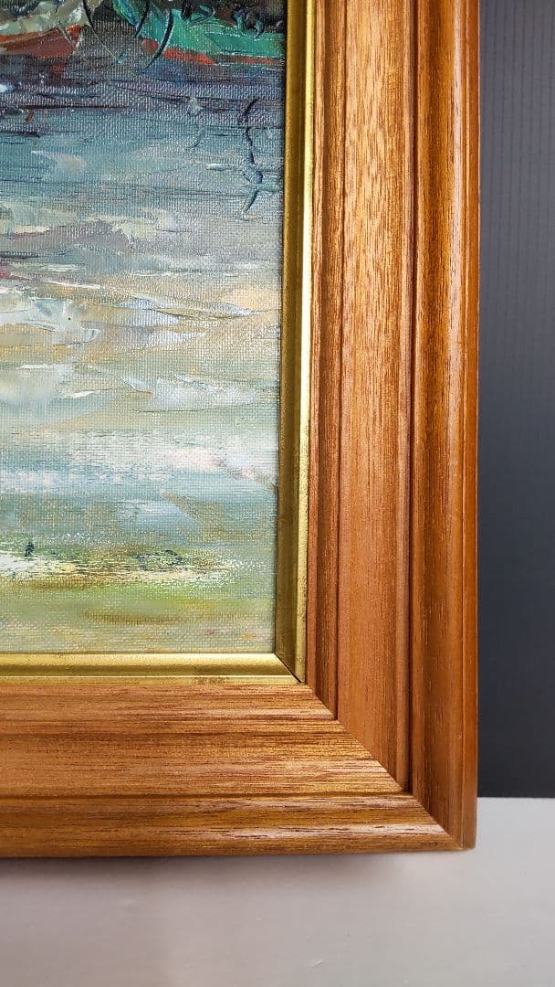 港の風景 油彩画 木製ガラスフレーム