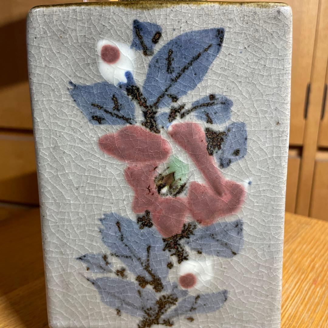 益子焼　月江窯　福原達朗　辰砂花文扁壺　共箱