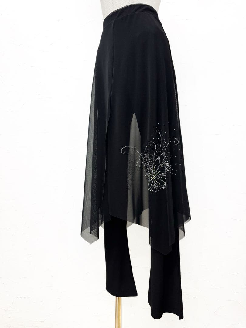 【花ラインストーン】新品オーバーメッシュデザインブーツカットパンツ黒m290D