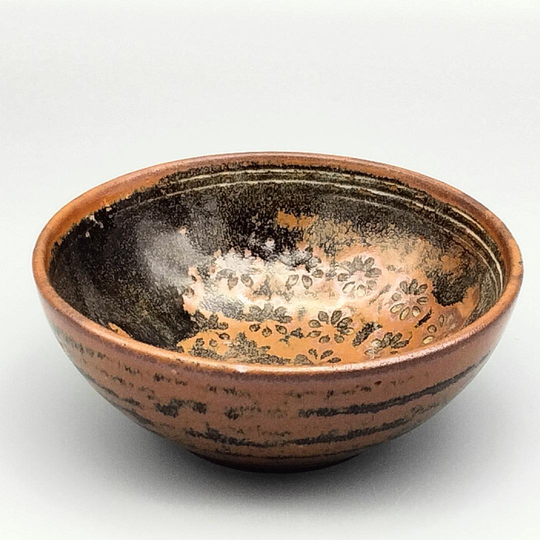 濱田庄司作 柿釉 李朝三島花文 碗　益子焼