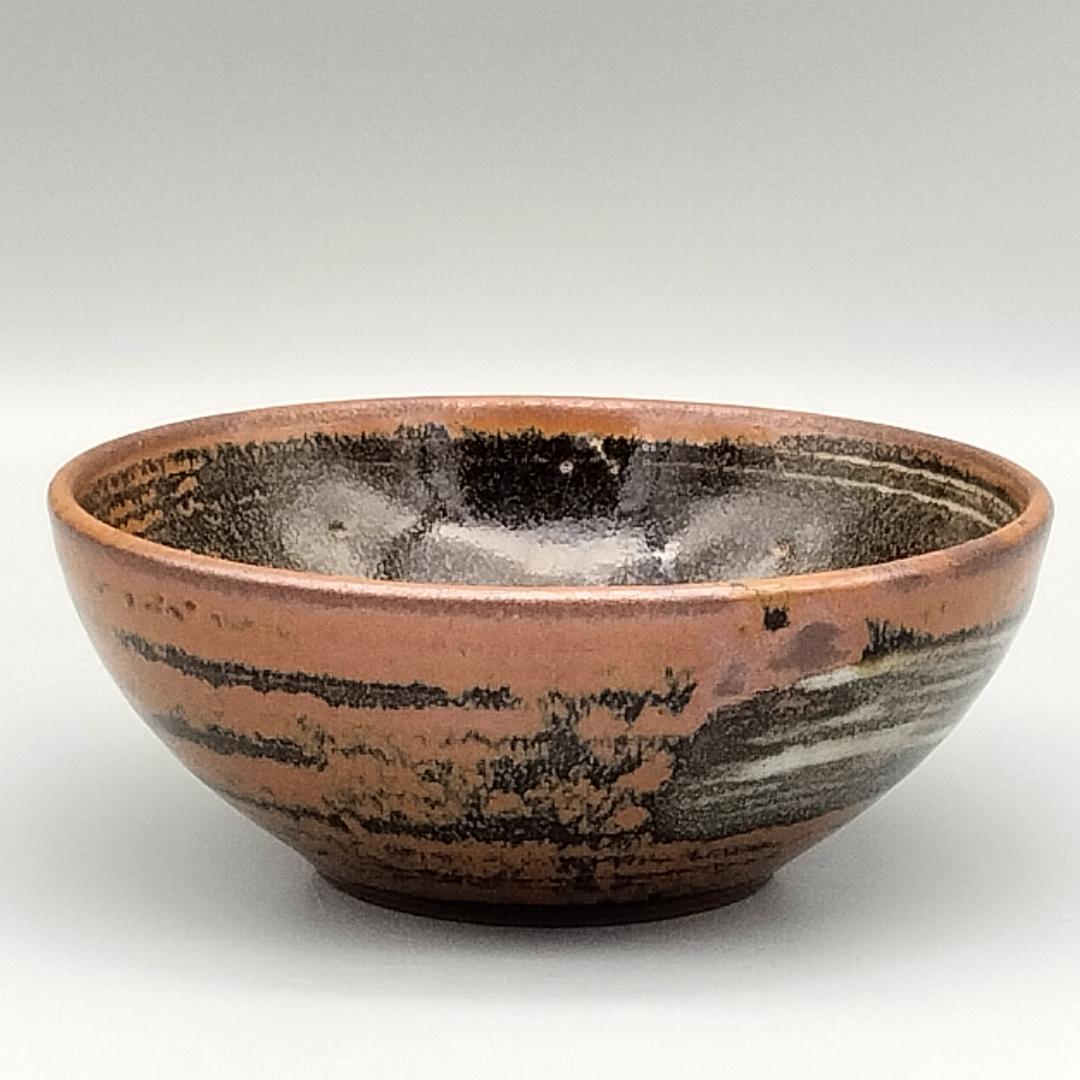 濱田庄司作 柿釉 李朝三島花文 碗　益子焼