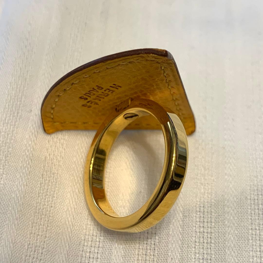 希少　エルメス　トライアングル　レザー　スカーフリング　イエロー　ゴールドメッキ