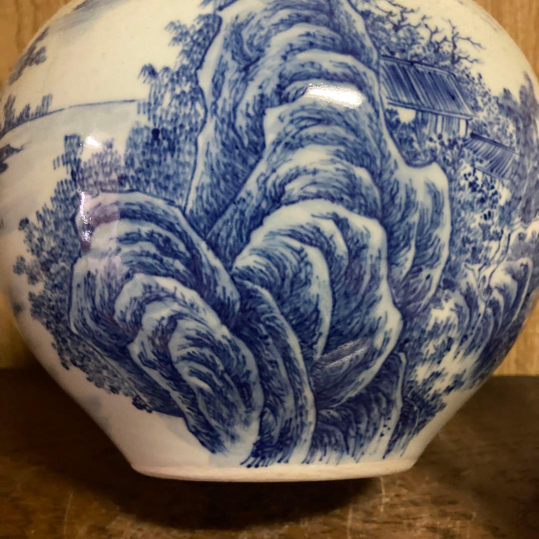 中国　染付　瓶　天球瓶　山水図　大清乾隆年製銘