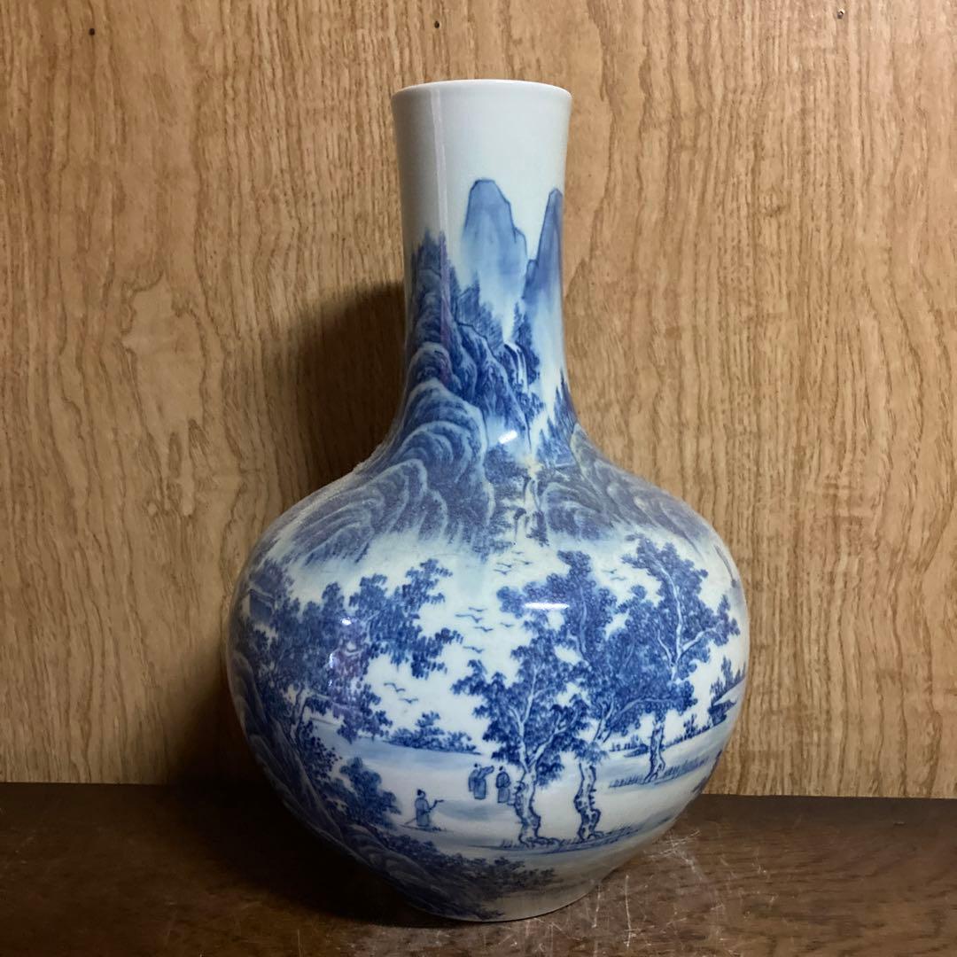 中国　染付　瓶　天球瓶　山水図　大清乾隆年製銘