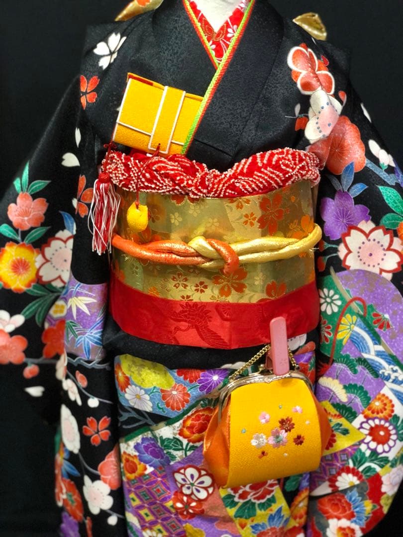 七五三　7歳　熨斗　黒　四つ身　着物　作り帯　セット　女の子　753 七歳