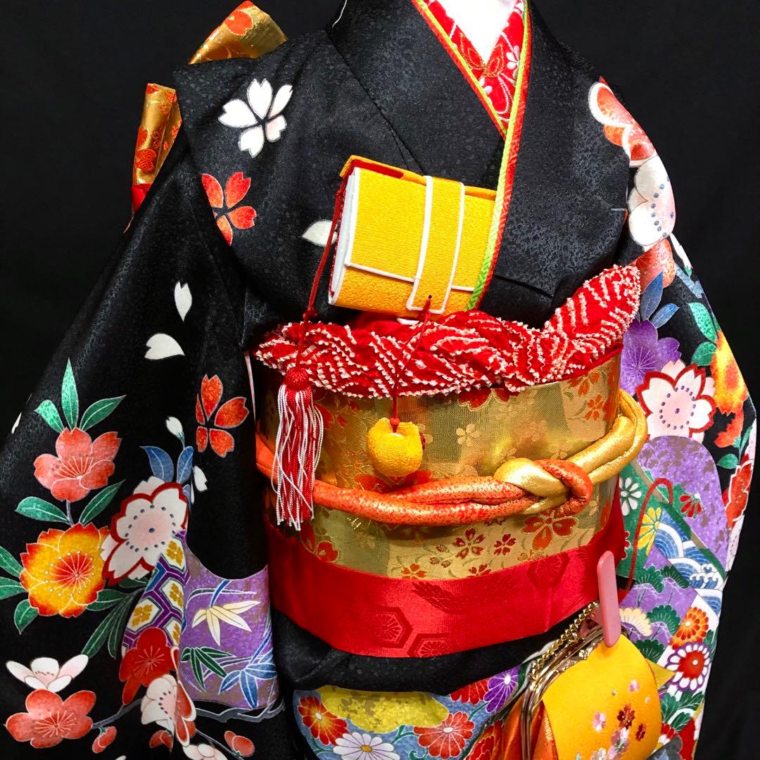 七五三　7歳　熨斗　黒　四つ身　着物　作り帯　セット　女の子　753 七歳