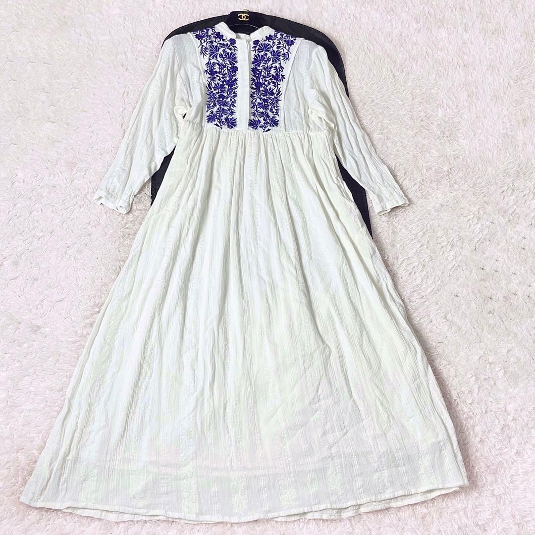 ヌキテパ 花 刺繍 ロングワンピース フラワー 白 ホワイト ゆったり