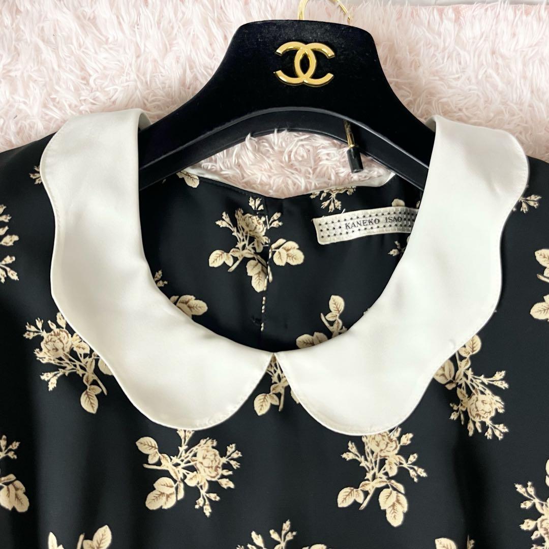 ✖︎ カネコイサオ ロング ワンピース 花柄 フラワー 薔薇 ベルト ブラック 黒