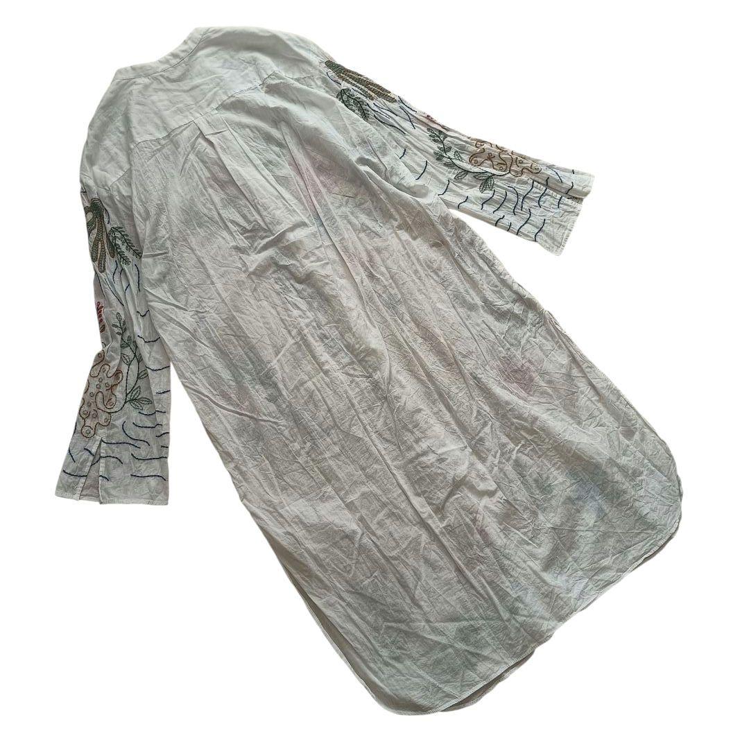 ZARA 海モチーフ刺繍ロングシャツワンピース チャイナボタン スリット 白