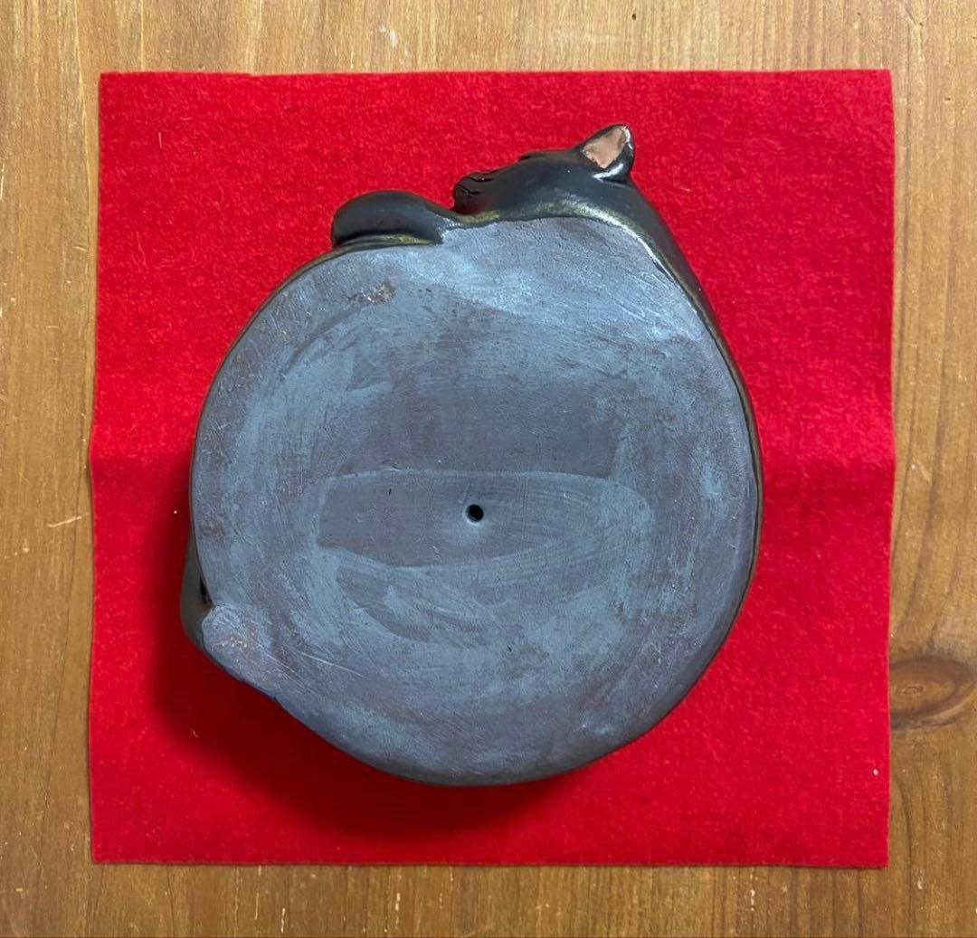 中古品【鏡餅 猫】黒猫♡猫の置物♡陶器製♡横向き♡