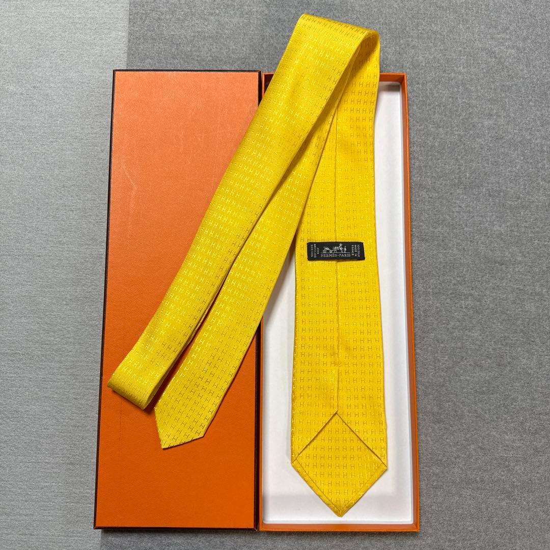 エルメス　ネクタイ　黄色　H柄H織ファソネ