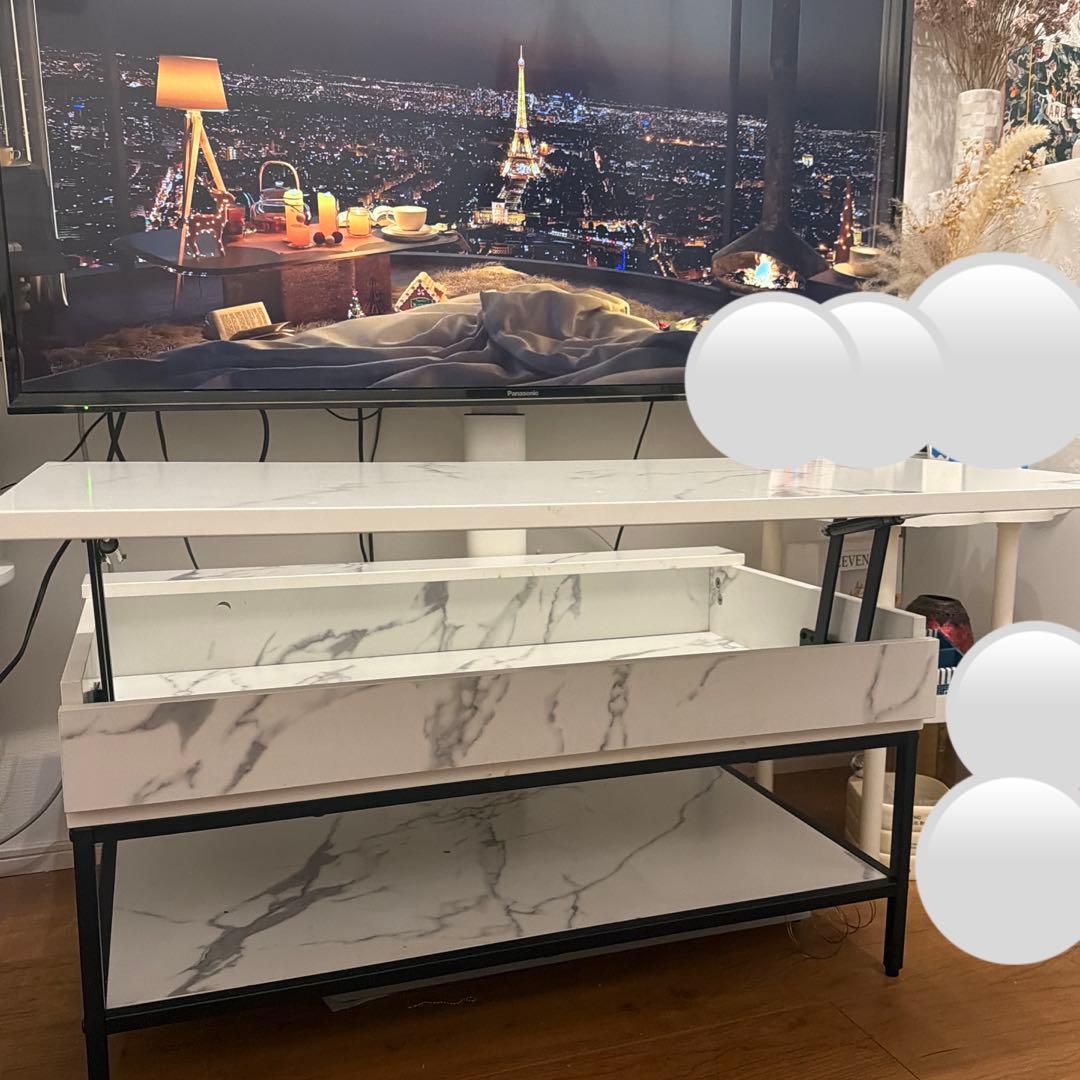 美品 おしゃれ 大理石柄 昇降式テーブル ローテーブル 高さ調整 収納