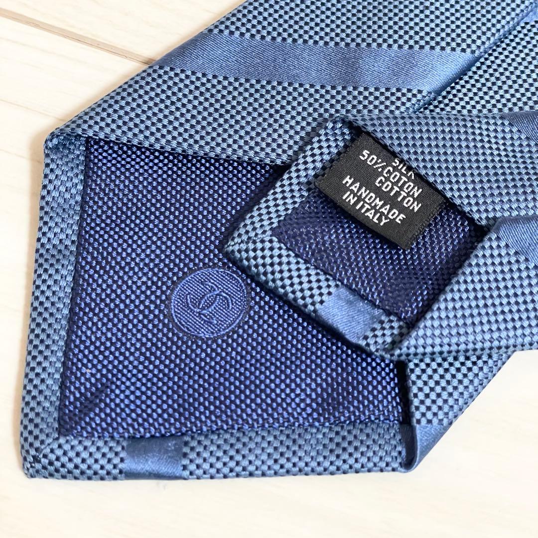 CHANEL　シャネル　ネクタイ　ロゴ　ココマーク　ブルー　ストライプ　青　紺