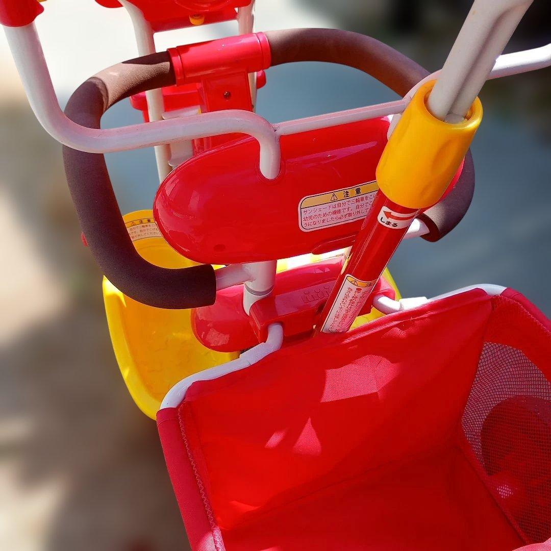 【早い者勝ち！美品動作良好です】アンパンマン 三輪車 赤 日よけ付き