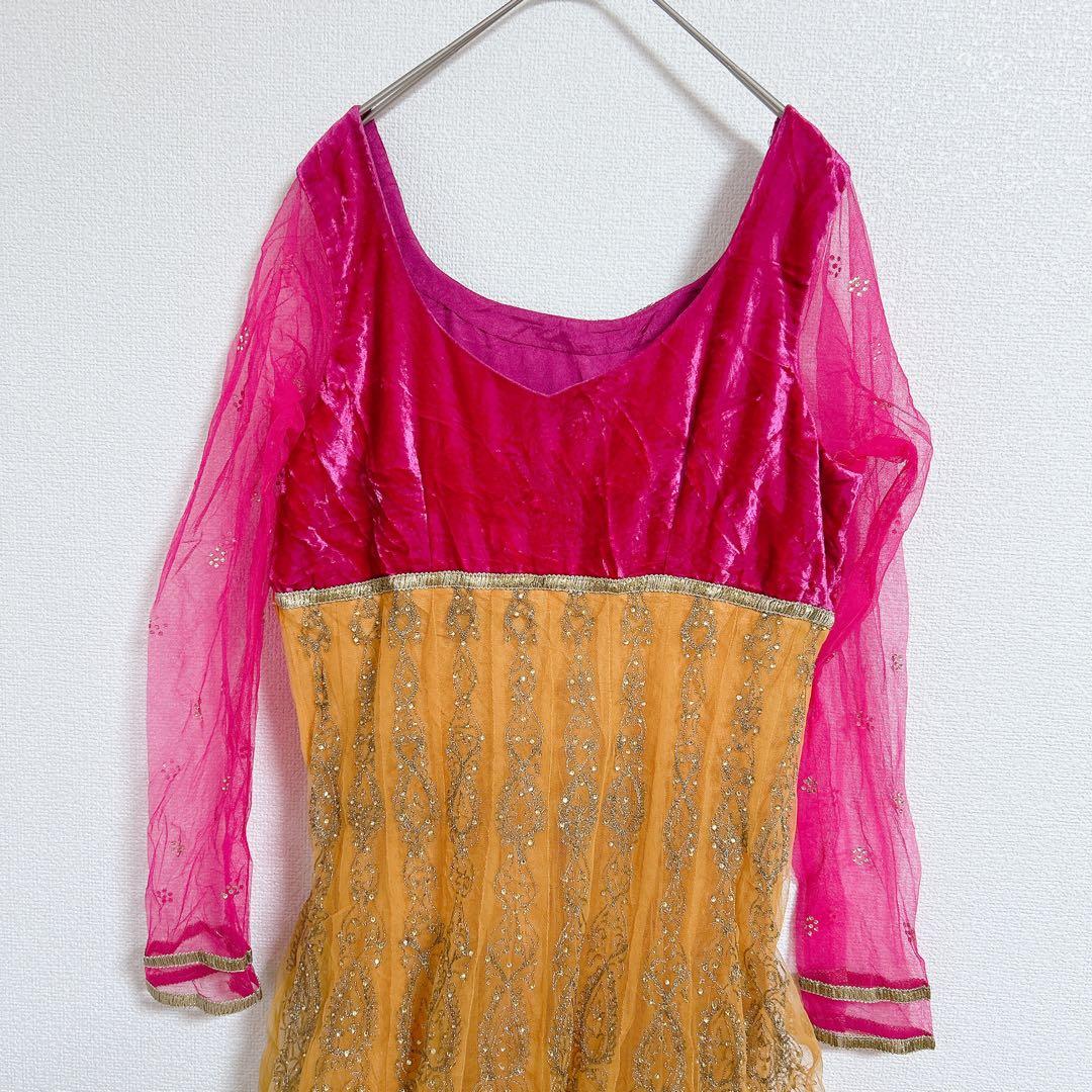 ◼️社交ダンス ドレス ドレス ピンク オレンジ 38 M 刺繍 レース ラテン