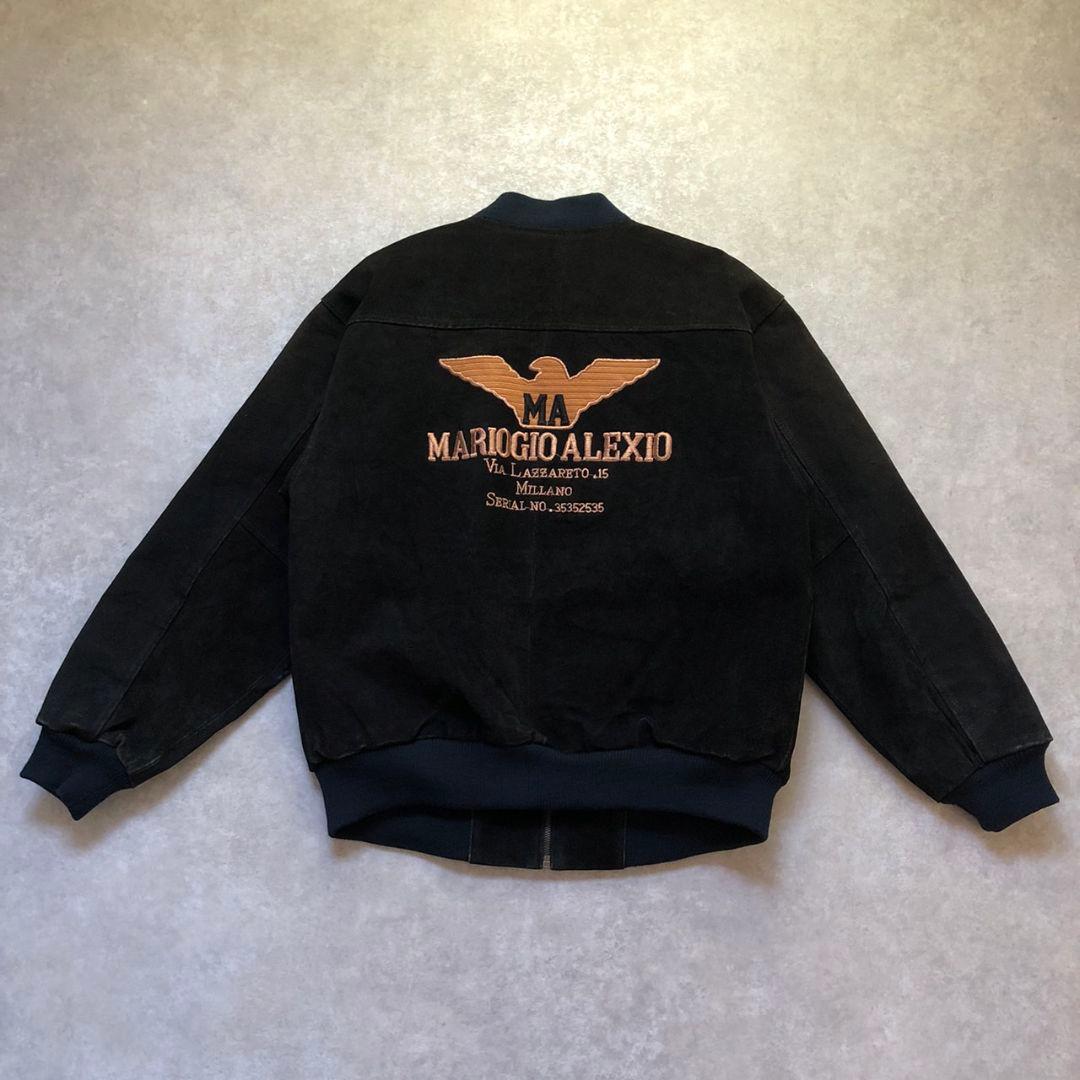 90sヴィンテージ 豚革スエードレザーボマージャケット 刺繍 ブラック L