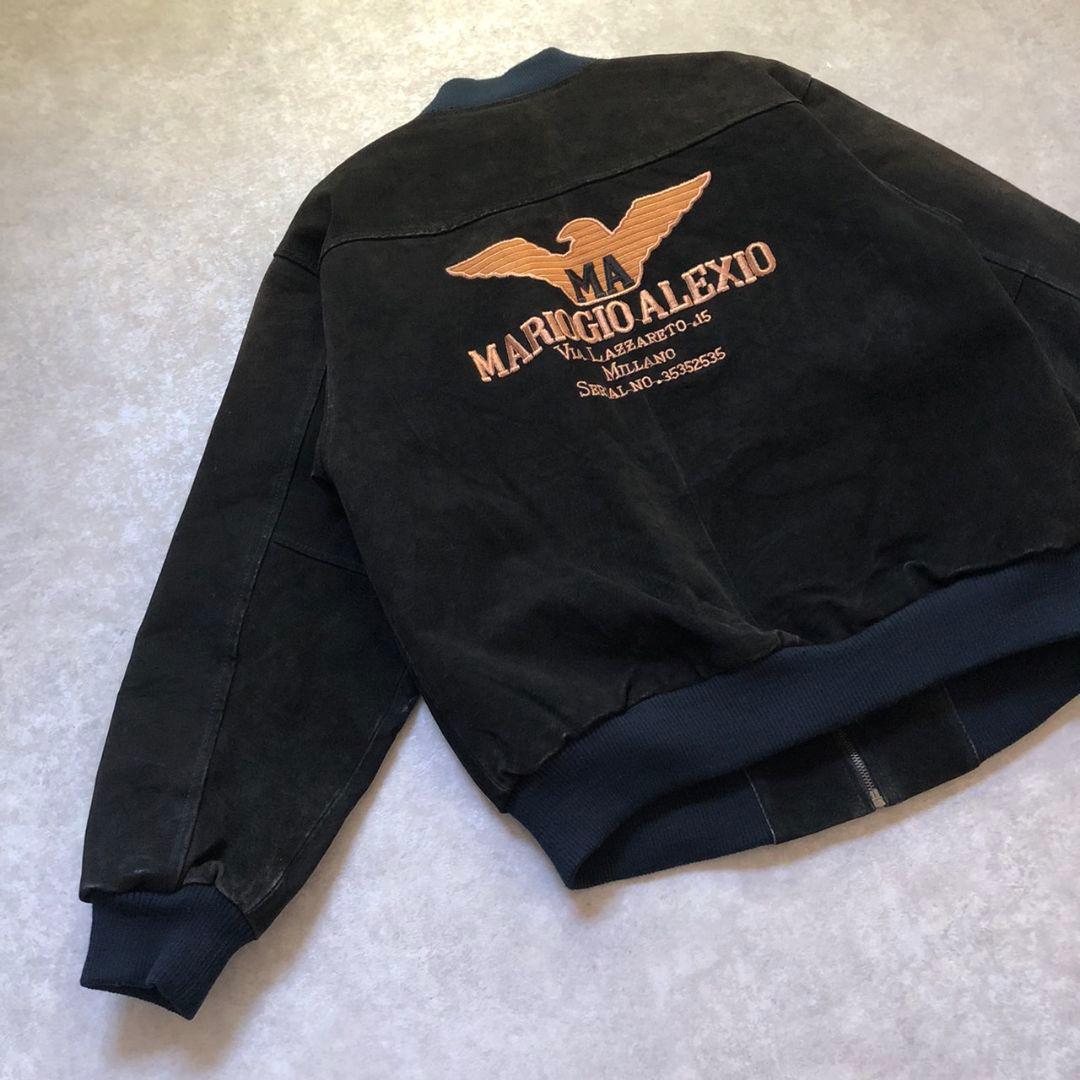 90sヴィンテージ 豚革スエードレザーボマージャケット 刺繍 ブラック L