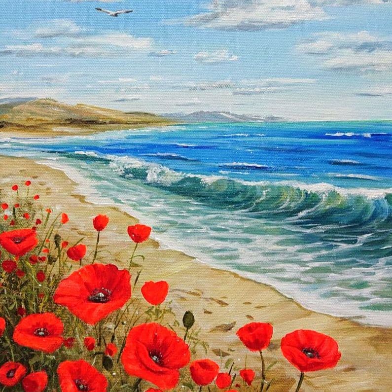 【ポピーが見る海】アクリル画 F3 風景画 絵画