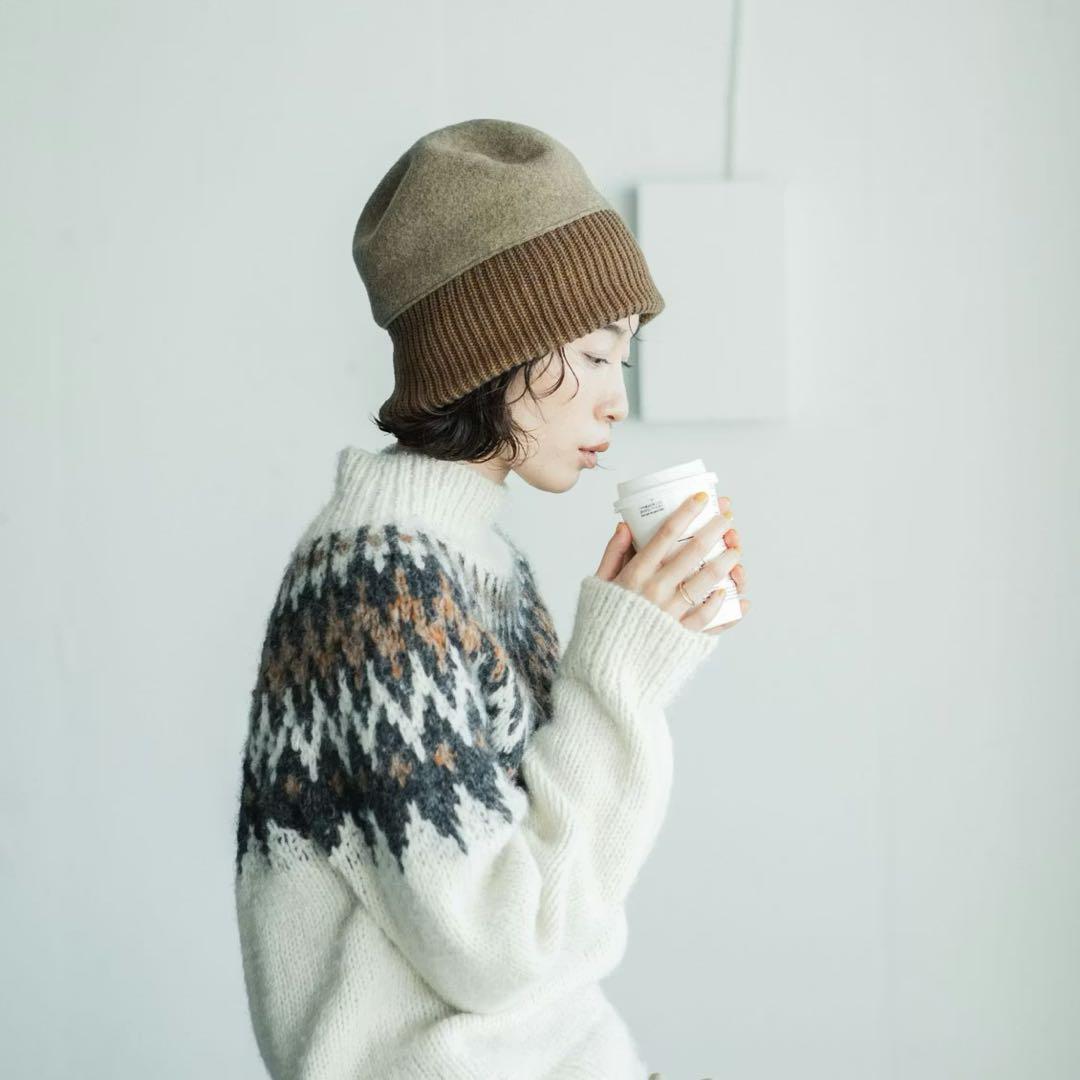 【美品】chisaki チサキ ウールキャップ ニット帽 フェルト カーキ 1