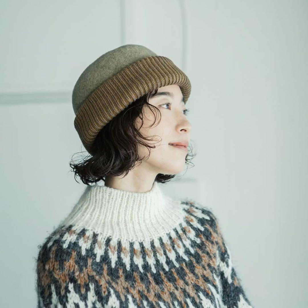 【美品】chisaki チサキ ウールキャップ ニット帽 フェルト カーキ 1