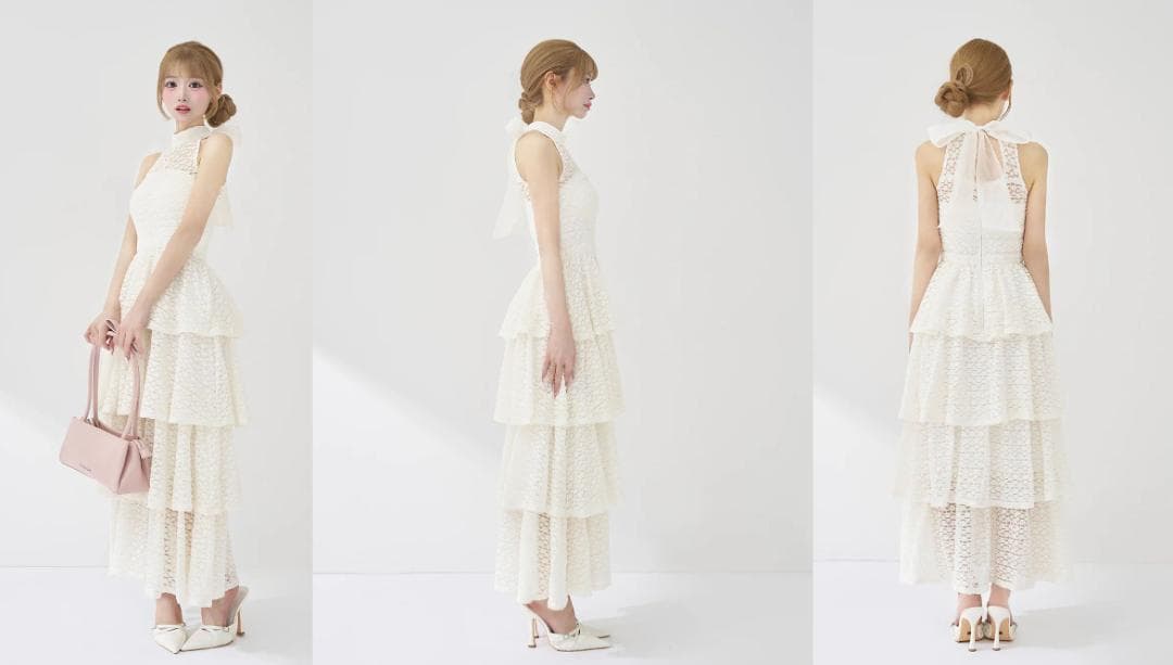 ダーリッチ バックリボンフラワーレースティアードロングドレス ホワイト FS